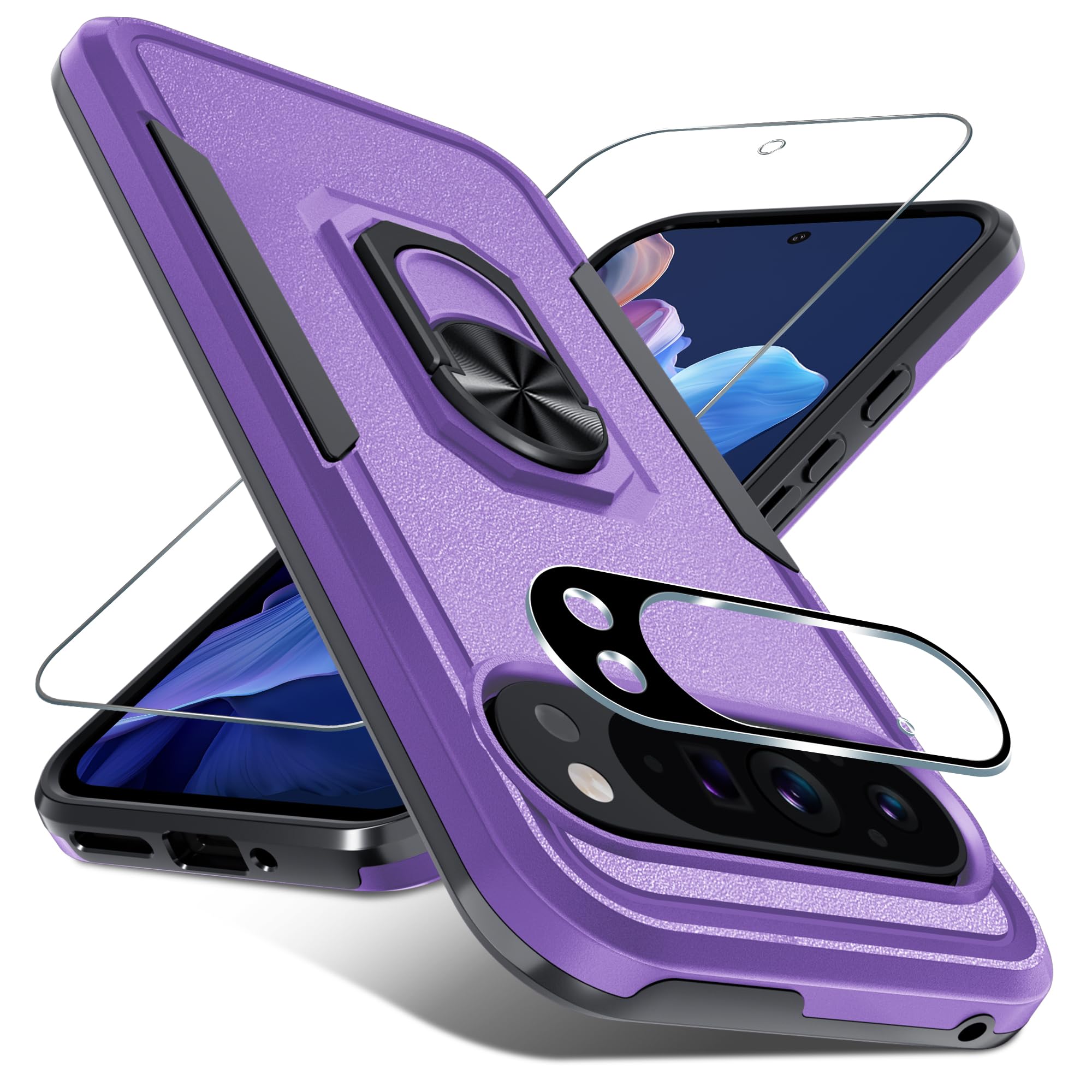 Photo 1 of Janmitta for Google Pixel 9 Pro XL Case with Screen Protector+Camera Lens Protector,Heavy Duty Shockproof Full Body Phone Cover Built in Metal Ring Holder Kickstand,2024 Lavender