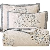 vctops Boho Floral Embroidered Quilted Bedspread Quilt Set 3-Piece Oversize Queen 100% Cotton Lightweight Reversible Coverlet for All Season (Flower,119"x118")