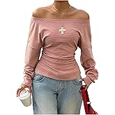 WDIRARA Women's Striped Off Shoulder Tops Streetwear Cinched Waist Long Sleeve T Shirts