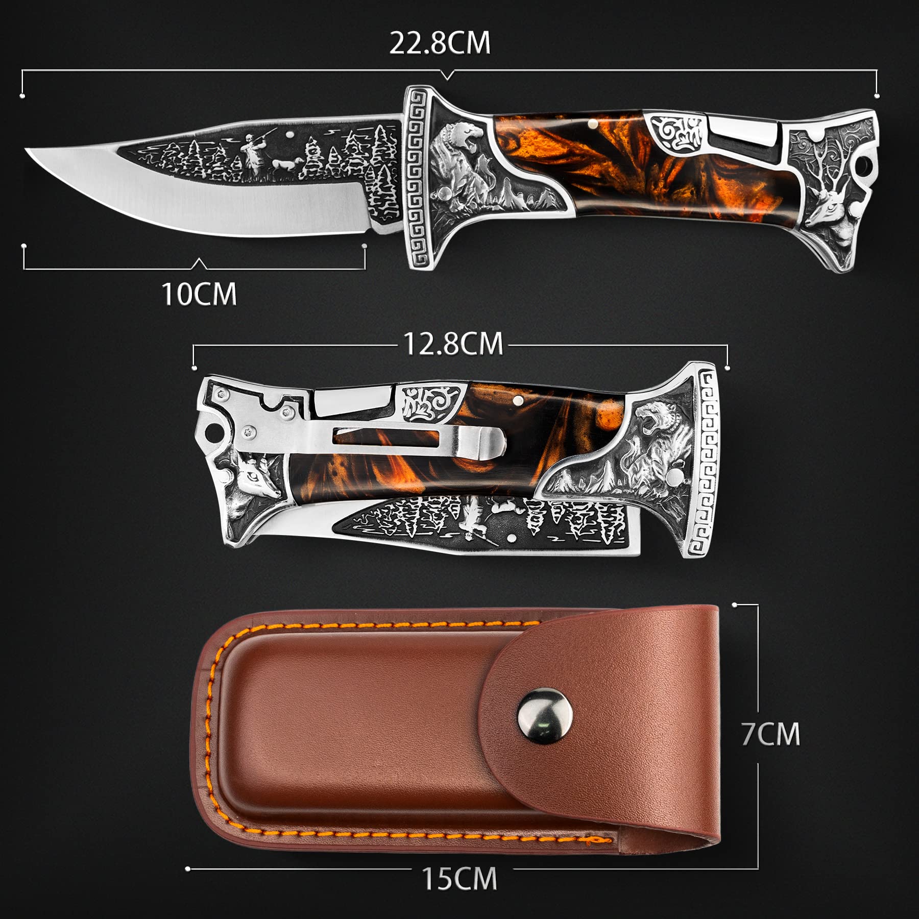 NedFoss TIGER-ROAR Zweihandmesser, Legale mitführbares Taschenmesser, 10cm Klappmesser mit Holster, Schwere EDC Messer mit Gürtelclip, Scharfes Zweihand Klappmesser Outdoor für Sammlung & Geschenke 6