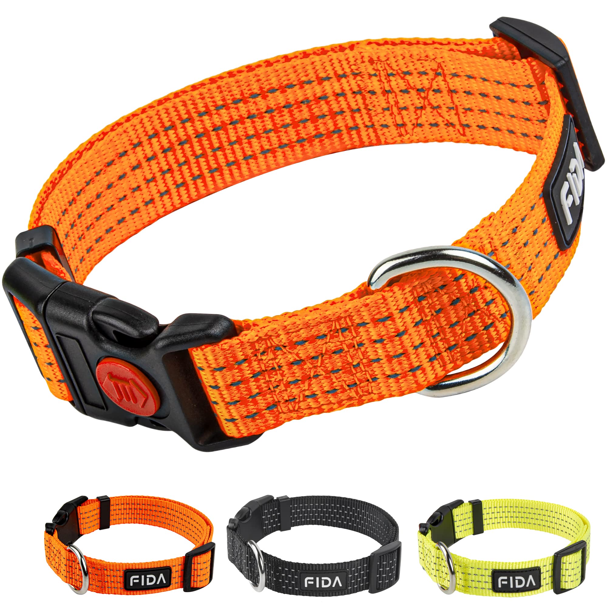 Photo 1 of Fida Reflective Dog Collar, Nylon Dog Collars with Neon Colors for Small/Medium/Large Dogs, High Visibility Dog Collars with Safety Locking Buckle(Large, Neon Orange)