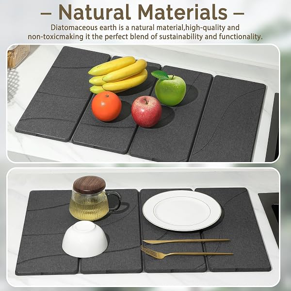 LARGE STONE DISH DRYING MAT FOR KITCHEN COUNTER, 2 PCS QUICK DRY STONE MATS, FOLDABLE WATER ABSORBING DIATOMACEOUS EARTH DRYING DISHES PAD FOR COUNTERTOP BOTTLE UTENSIL CUP(CARVED GRAY 24″X16″&8″X4″)