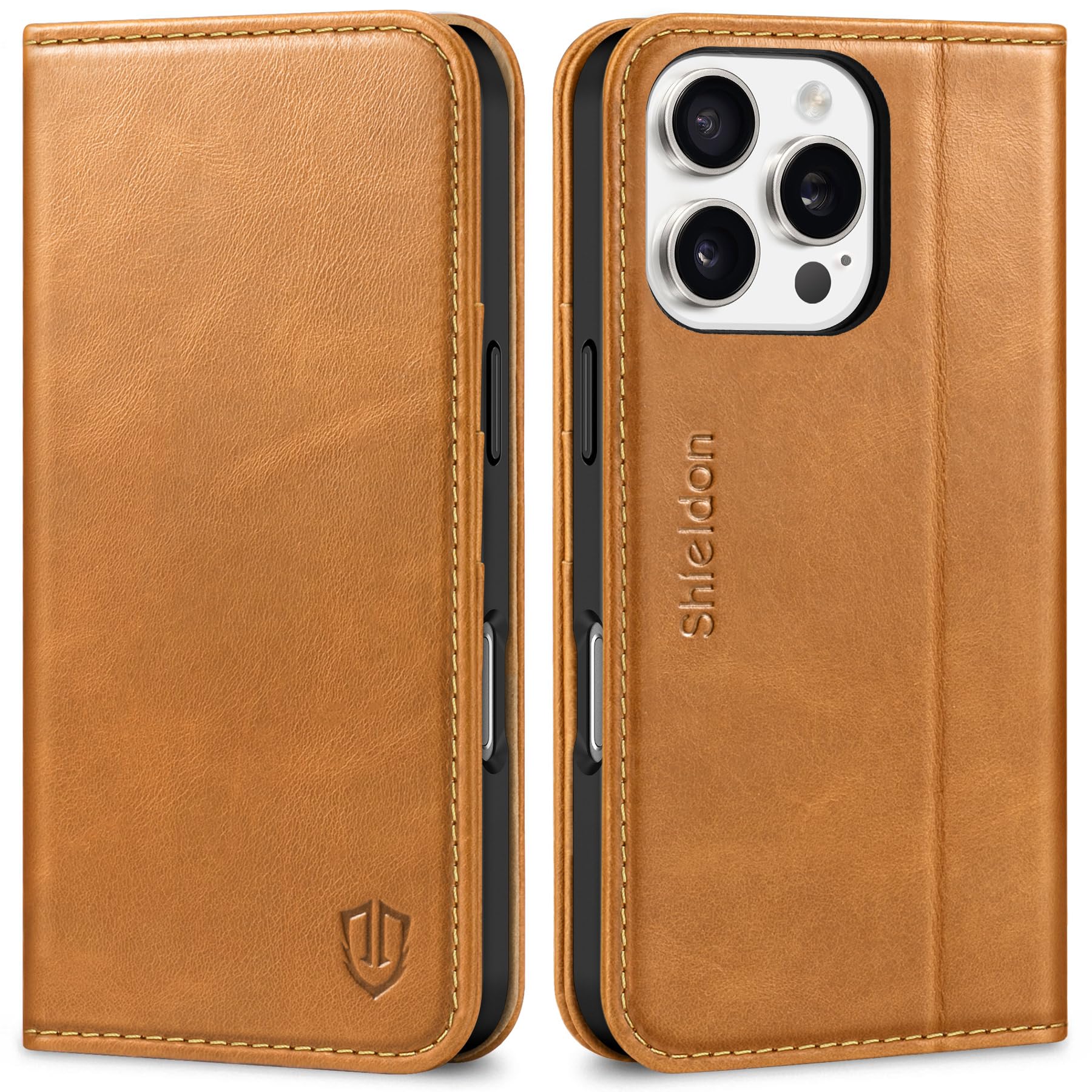SHIELDON Flip Case for iPhone 16 Pro 5G, Genuine Leather Wallet Case with Card Slots [RFID Blocking][Shockproof TPU Shell] Magnetic Book Stand Folio Compatible with iPhone 16 Pro - Retro Light Brown — image 1