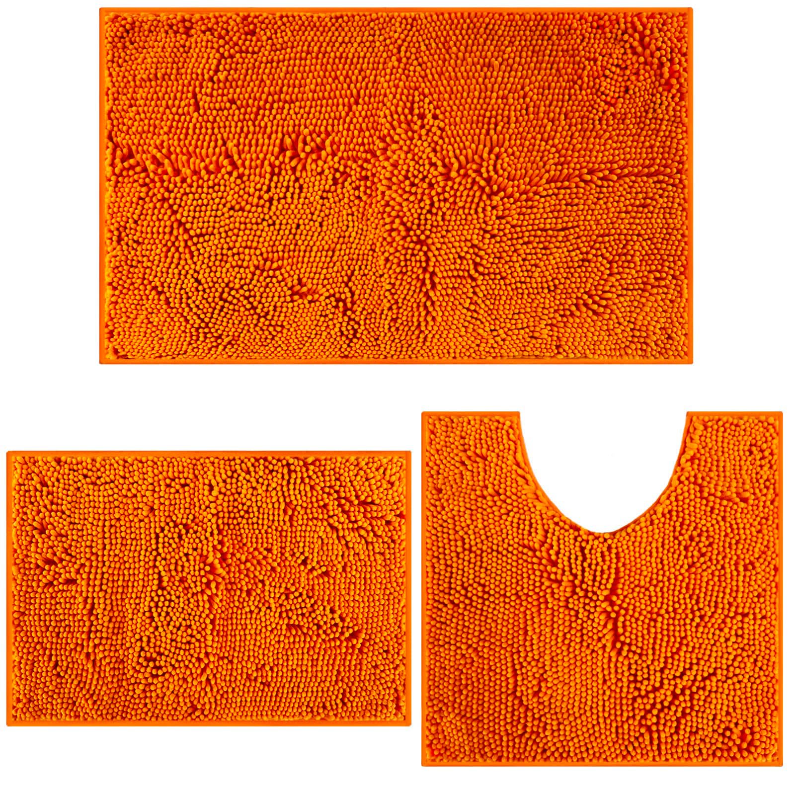 Bathroom Mat, Non Slip Bathroom Mat Sets 3 Piece, Chenille 20 * 32inch, 16 * 24inch Bath Rug and 20 * 20inch U Shape Toilet Rug, Soft and Absorbent Bath Mat Set for Bedroom(Orange)