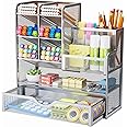 Marbrasse Mesh Pen Holder for Desk, Pen Organizer with Drawer, Multi-Functional Pencil Organizer, Desk Organizers and Accessories for Office Art Supplies (Silver)