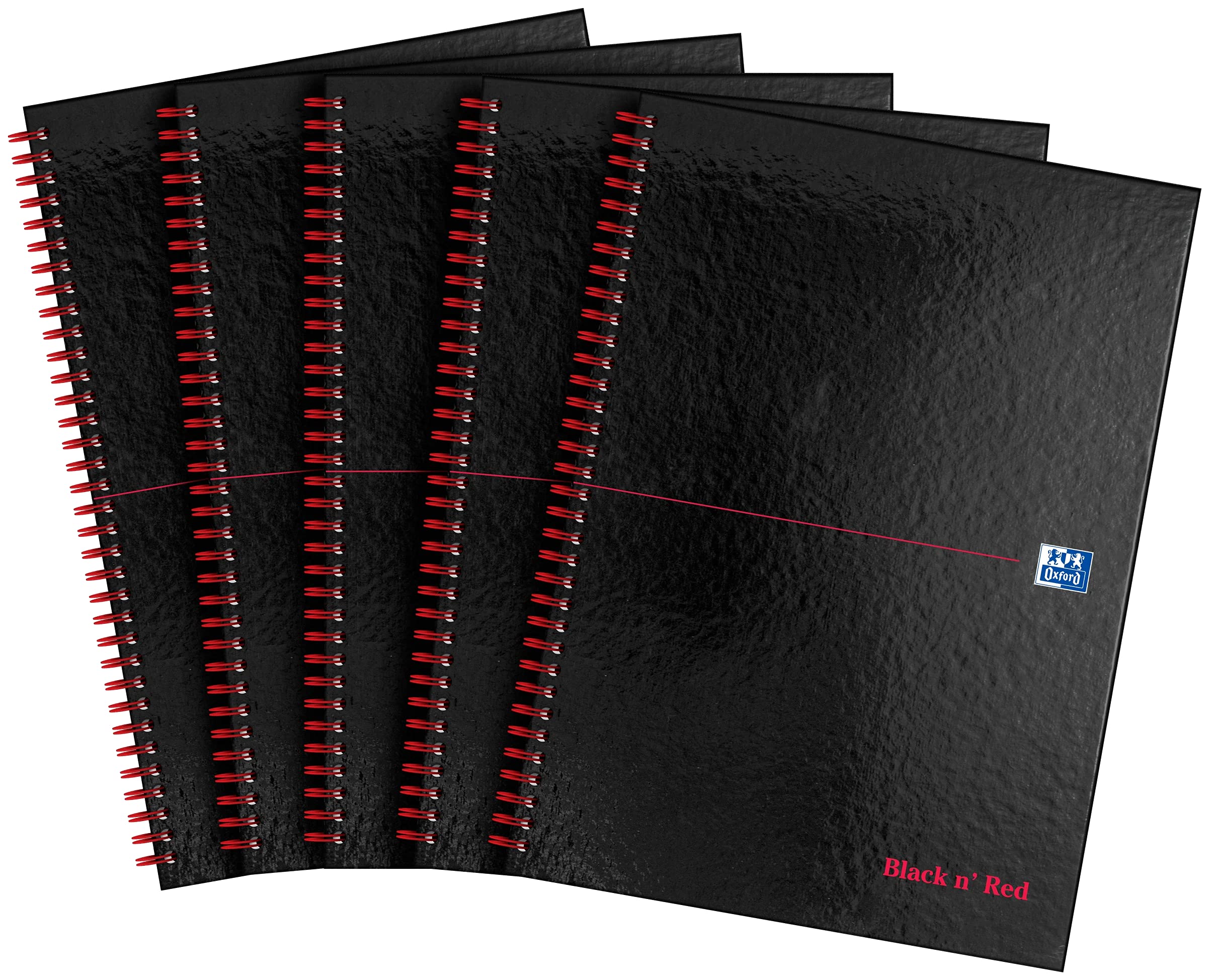 Oxford Black n' Red A4 Perforated Glossy Hardback Wirebound Ruled Notebook, Pack of 5