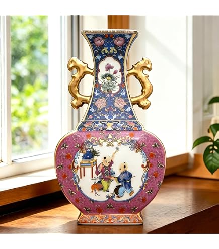 Amazon.com: China Furniture Online 紅色花卉圖案東方景泰藍花瓶附