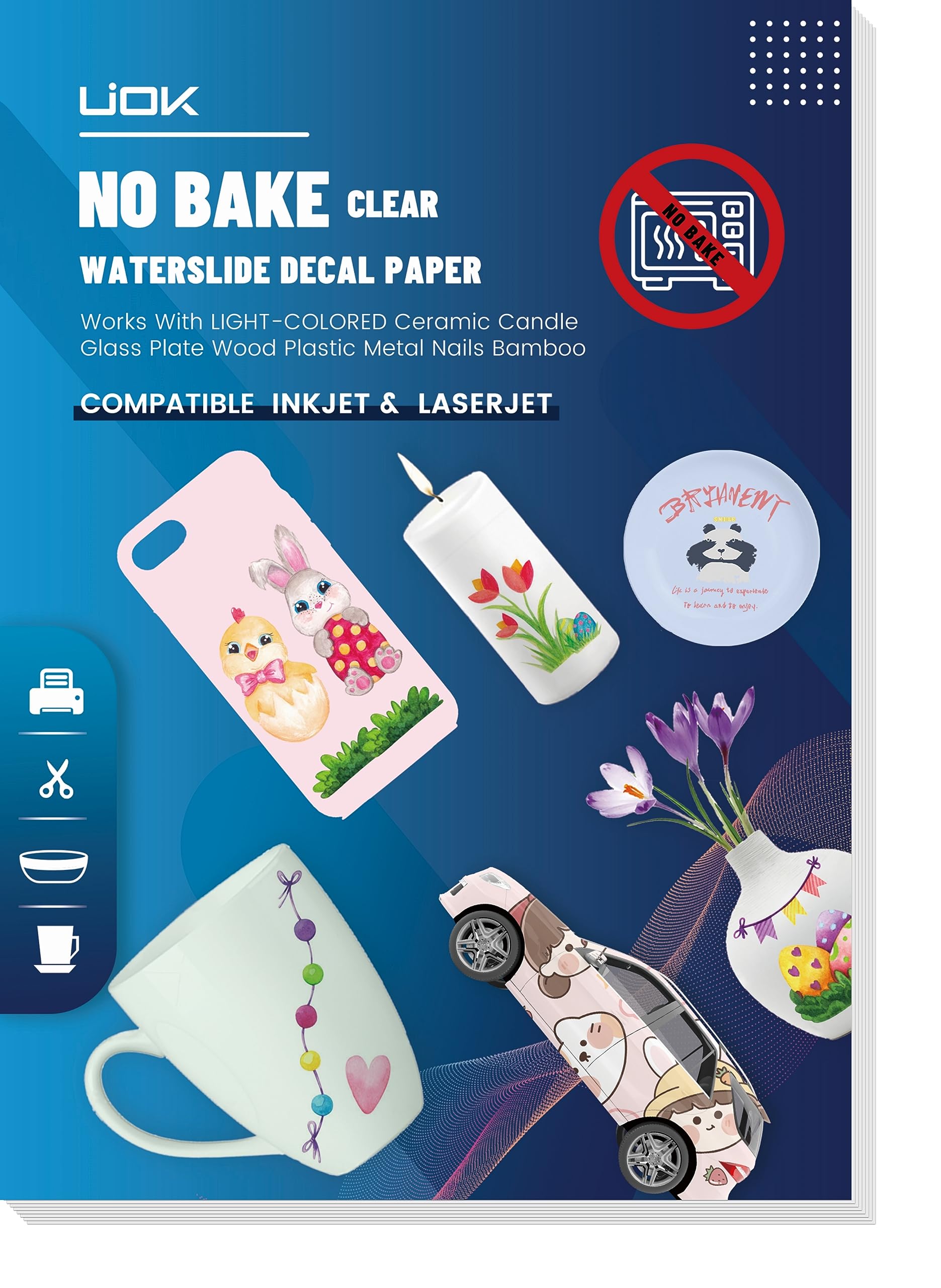 UIOK Waterslide Decal Paper Inkjet Clear, A4 Water Decal Paper for Inkjet & Laser Printers, Transparent Printable Water Transfer Paper for DIY Mugs,Candles,Glasses