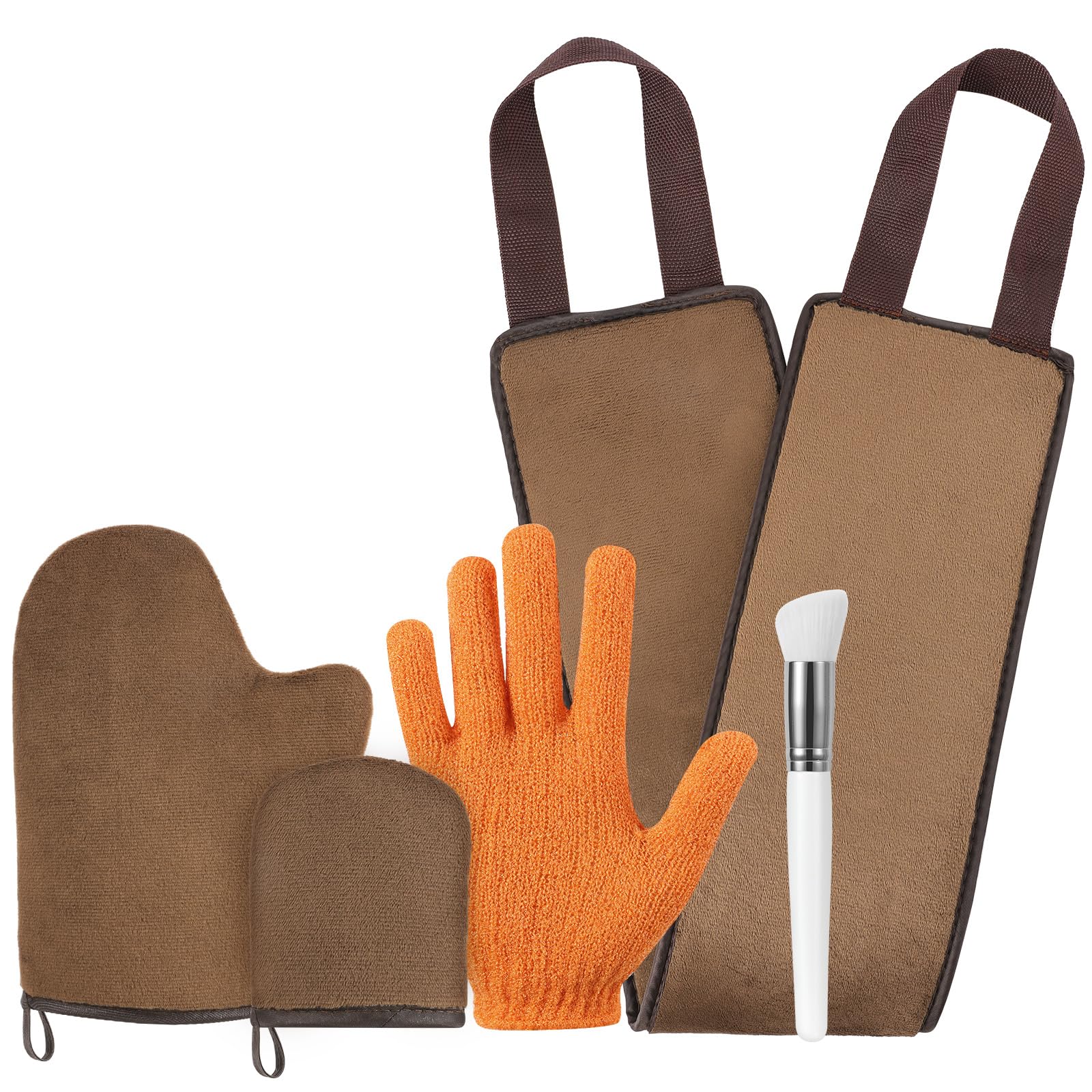 Luxspire Self Tanning Mitt Applicator Kit, 5 in 1 Soft Tanner Mitt Set with Exfoliating Glove, Back Lotion Applicator, Face Makeup Brush, Mini Finger Face Self Tanner Mitt for Lotions, Mousses, Creams