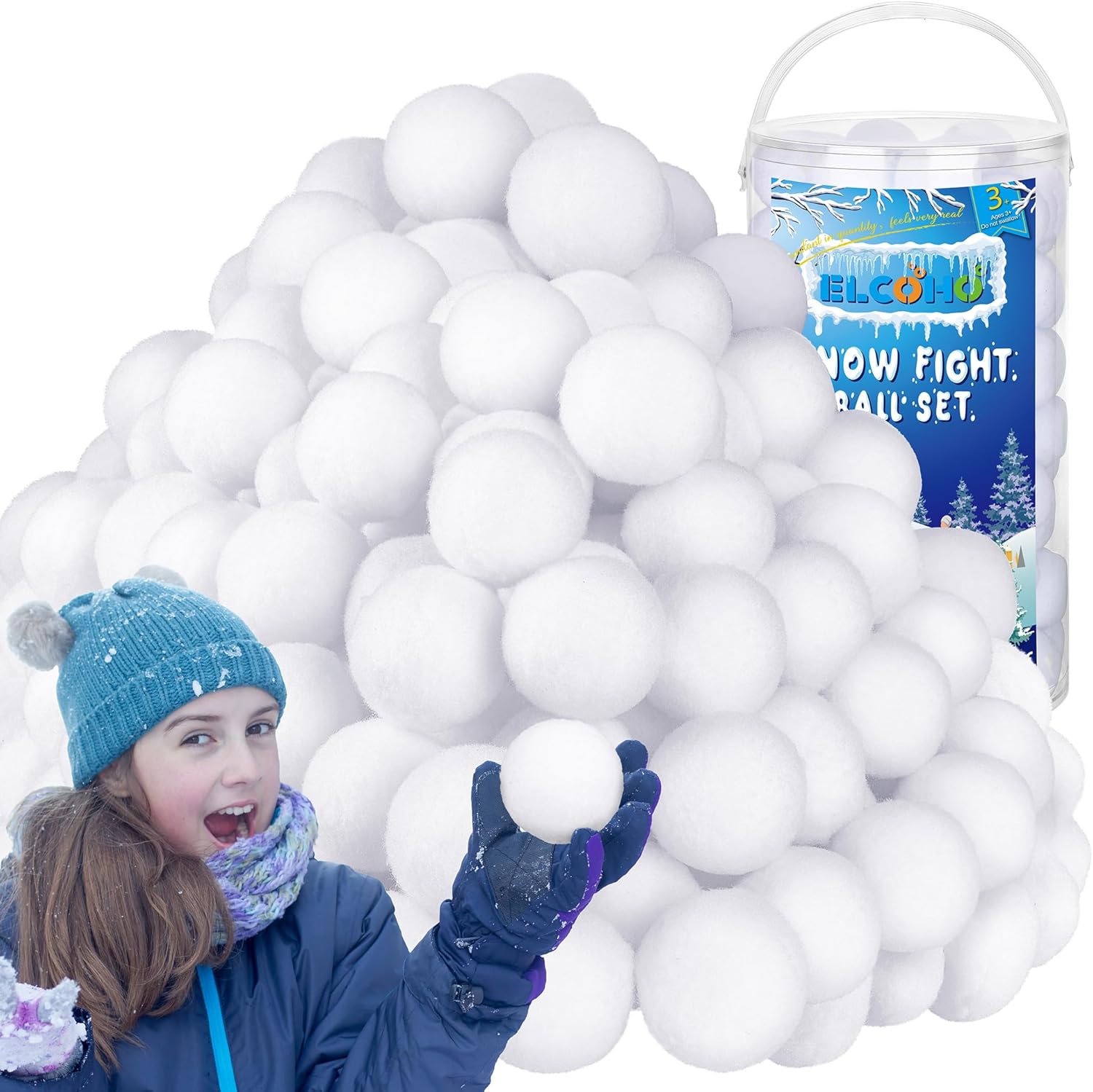 Artificial Snow - ELCOHO 100 Pieces 2.8 Inch Fake Snowball Set with Bucket for Storage Kids Snowball Fight Realistic White Plush Snowball for Kids Toss Game Winter Snow Fight Indoor Outdoor Xmas Decor