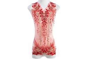 FixrWre Beaded Pearl Flower Fabric Lace Applique, Floral Embroidered Patches Handmade Sewing Tool for DIY Neckline Bodice Wedding Bridal Prom Dress(Red-Large)