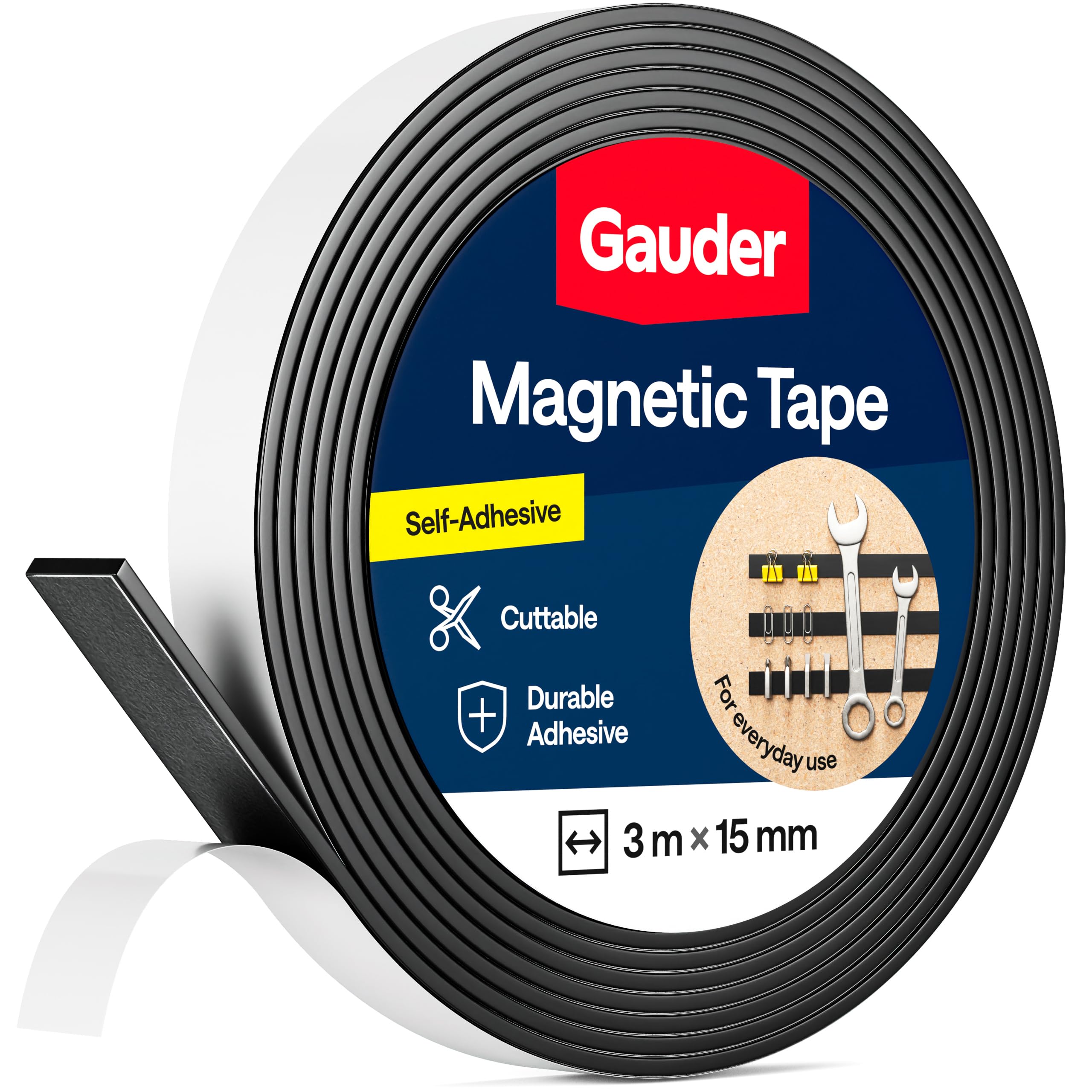GAUDER Magnetic Tape Self-Adhesive Strong - Cuttable Magnet Strip with High Magnetic Strength - Sticky Magnet Tape with Strong Adhesive (3 m x 15 mm)