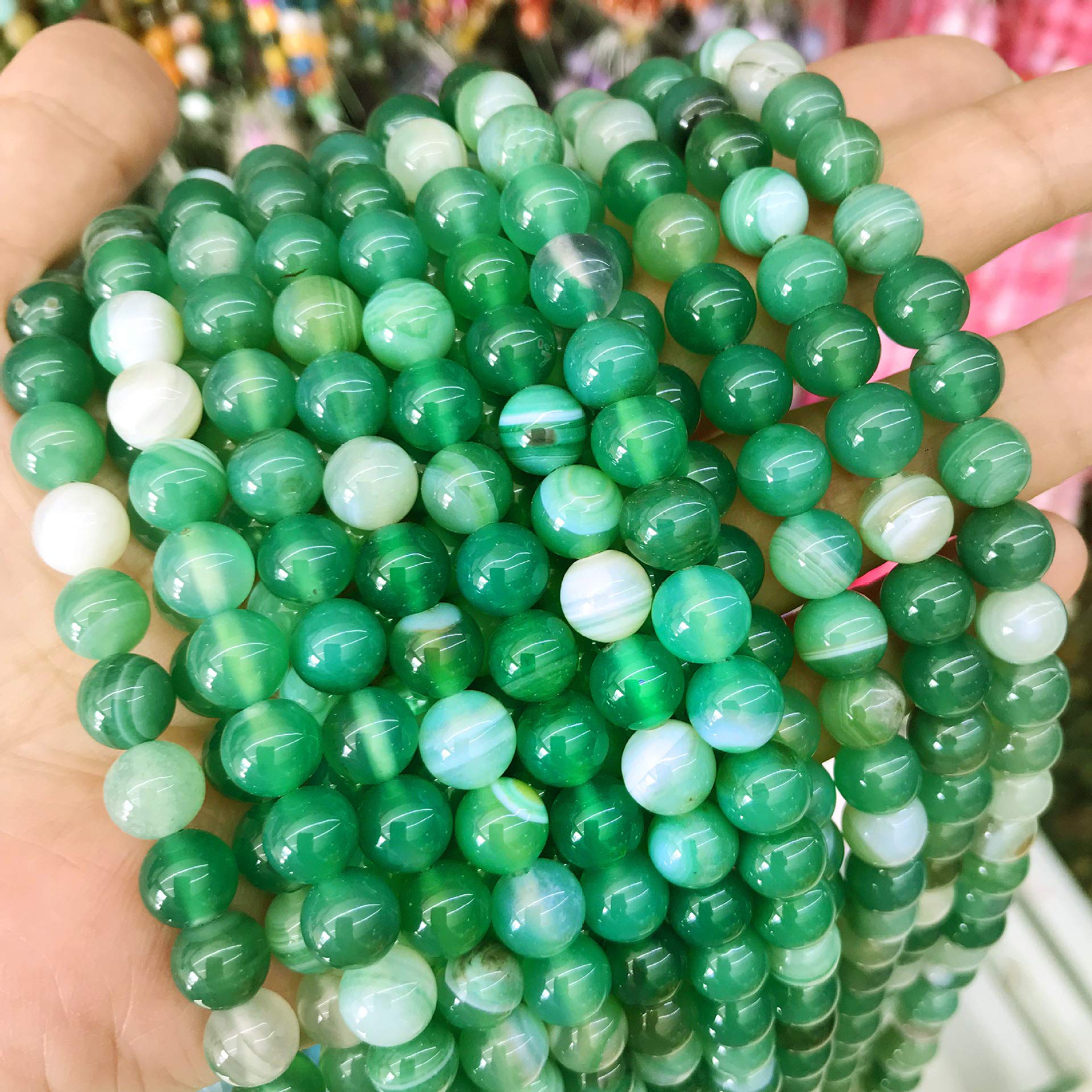 Natural Gemstone Stripes Lace Agate Beads, 8 mm 6 mm 4 mm, Polished and Matt, Ball Shape Jewellery Beads for Jewellery Bracelet Chain Jewellery Making, (4 mm, 25 Pieces, Green Polished)