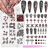 Halloween Nail Charms and Gems, Mixed Cross Spider Skull Hands Tombstone Dark Ghost Alloy Punk Halloween Charms for Nails, Black Red Gems Rhinestones for Acrylic Nail Art DIY Supplies
