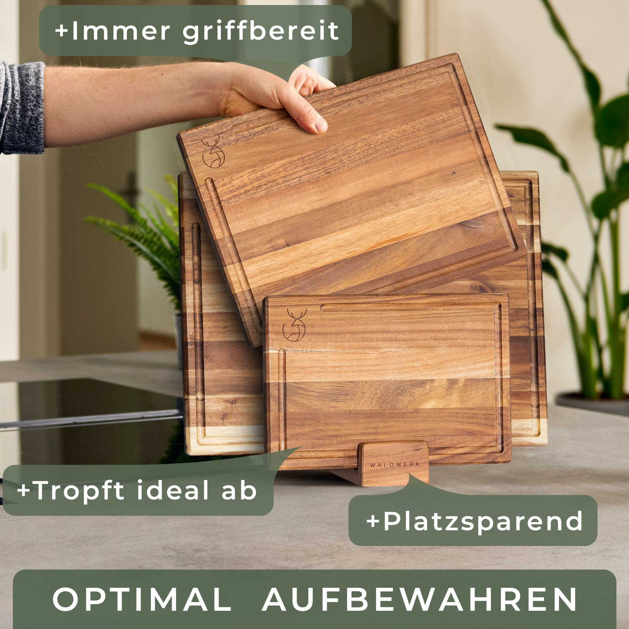 WALDWERK Schneidebrett 3er Set (40x30 / 33x24 / 26x18cm) aus massiver Akazie - Schneidebretter mit Brettständer - 2cm dicke Holzbretter mit Saftrille - Design Schneidebrett Set 4
