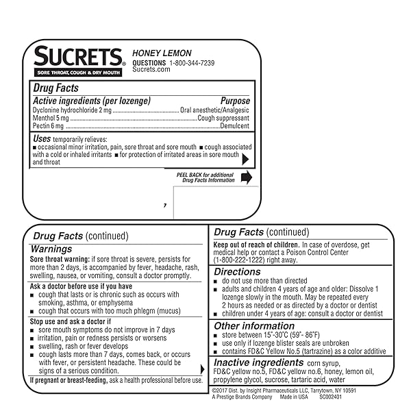 SUCRETS SORE THROAT & COUGH LOZENGES, HONEY LEMON, 18 COUNT