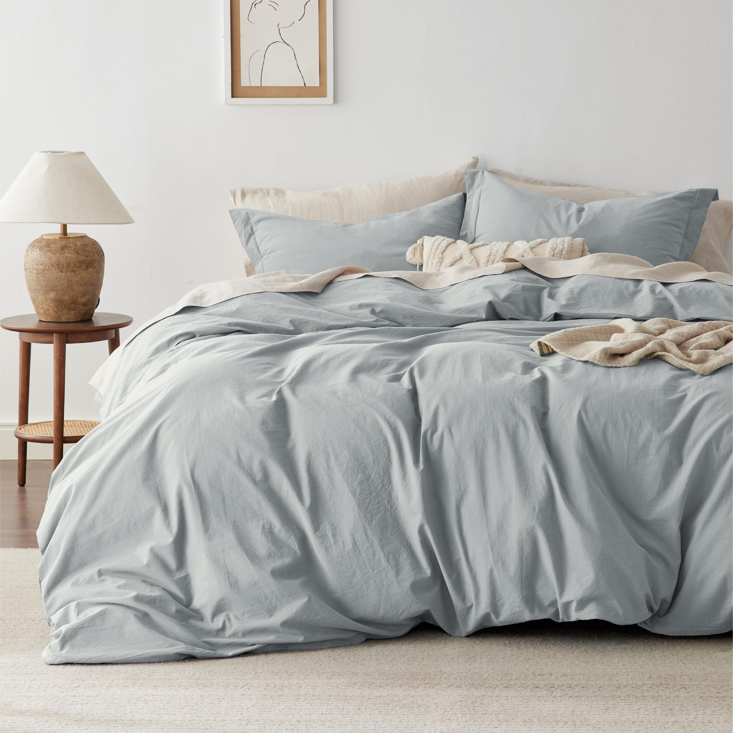 Photo 1 of Bedsure 100% Washed Cotton Duvet Cover Queen Size - Pastel Blue Minimalist Cotton Duvet Cover Linen Like for All Seasons - GentleSoft™ Plain Simple Bedding (Pastel Blue, Queen, 90"x90")