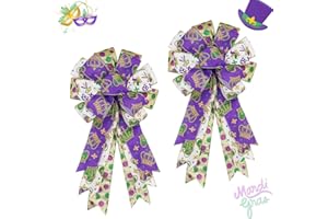 MONTEKIN Large Mardi Gras Bows for Wreath 20x11 Inch, 2 Pack Pre-Tied Glitter Wired Burlap Ribbon Bow, Purple Gold Green Tree Topper Bow for Front Door Indoor Outdoor Spring Decoration (Purple)