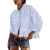 Ymejia Womens 3/4 Length Sleeve Striped Button Down Shirt Loose Fit Drop Shoulder Trendy Ruffle Hem Striped Blouses Top