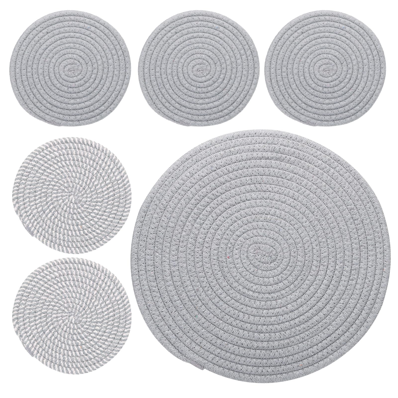 PATIKIL Plant Coasters 7 Inch 12 Inch, 6 Pcs Woven Plant Mat Round Pads Set for House Indoor Outdoor Gardening Pot Kitchen Table, Light Gray, Gray Stripes
