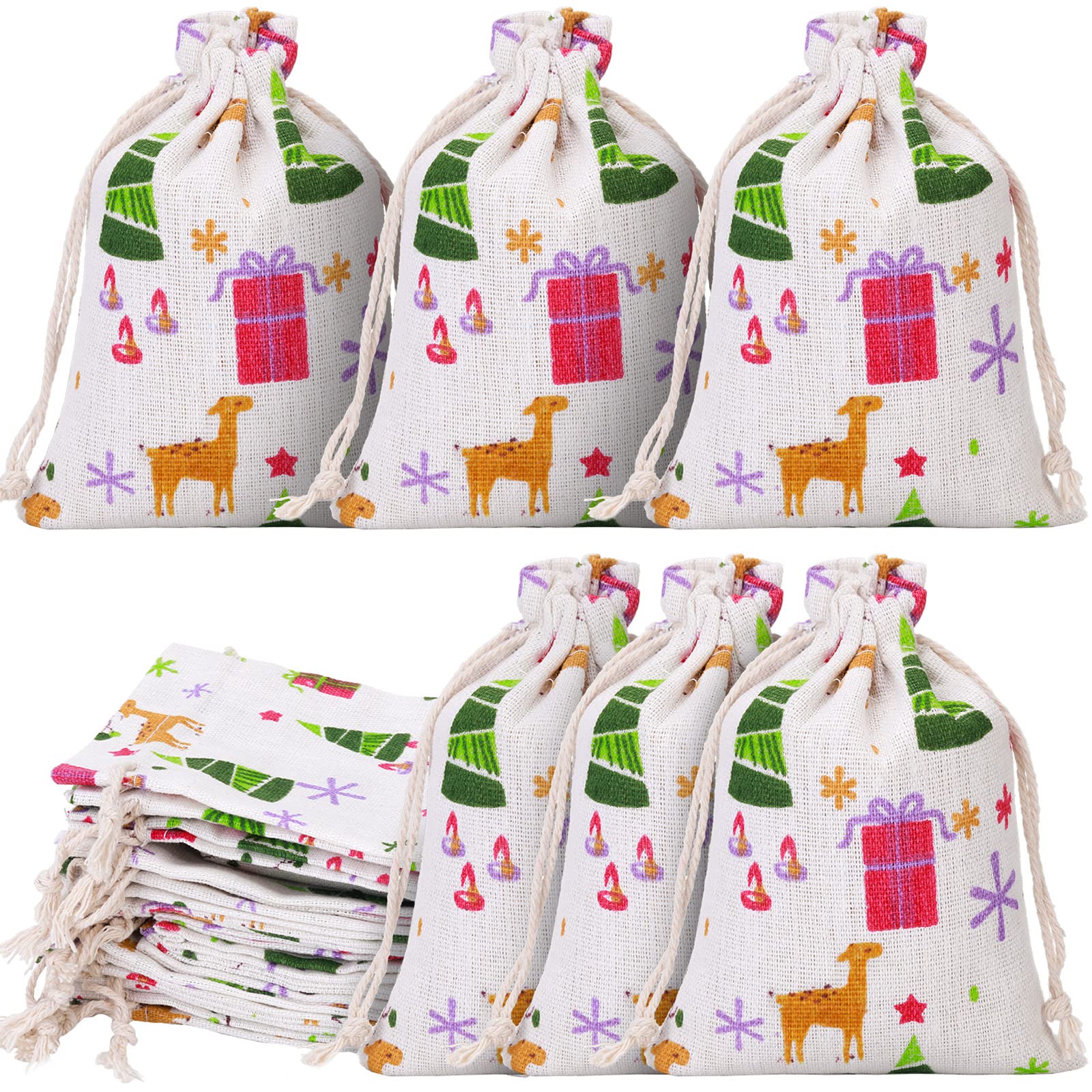 Photo 1 of  Small Christmas Drawstring Gift Bags Christmas Candy Treat Bags 4 x 5.5 Inch Reusable Burlap Bags for Xmas Holiday Party Supplies