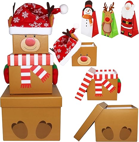 Oxford Novelties 3 Christmas Eve Strong Stack-able Nest Gift Present Boxes RUDOLF &amp; 1 Treat Bag