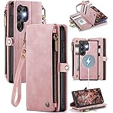 Defencase for Samsung Galaxy S25 Ultra Magnetic Wallet Case Compatible with Magsafe with RFID Blocking Zipper & Card Holder Women, PU Leather Detachable Phone Case for Galaxy S25 Ultra 6.9", Rose Pink