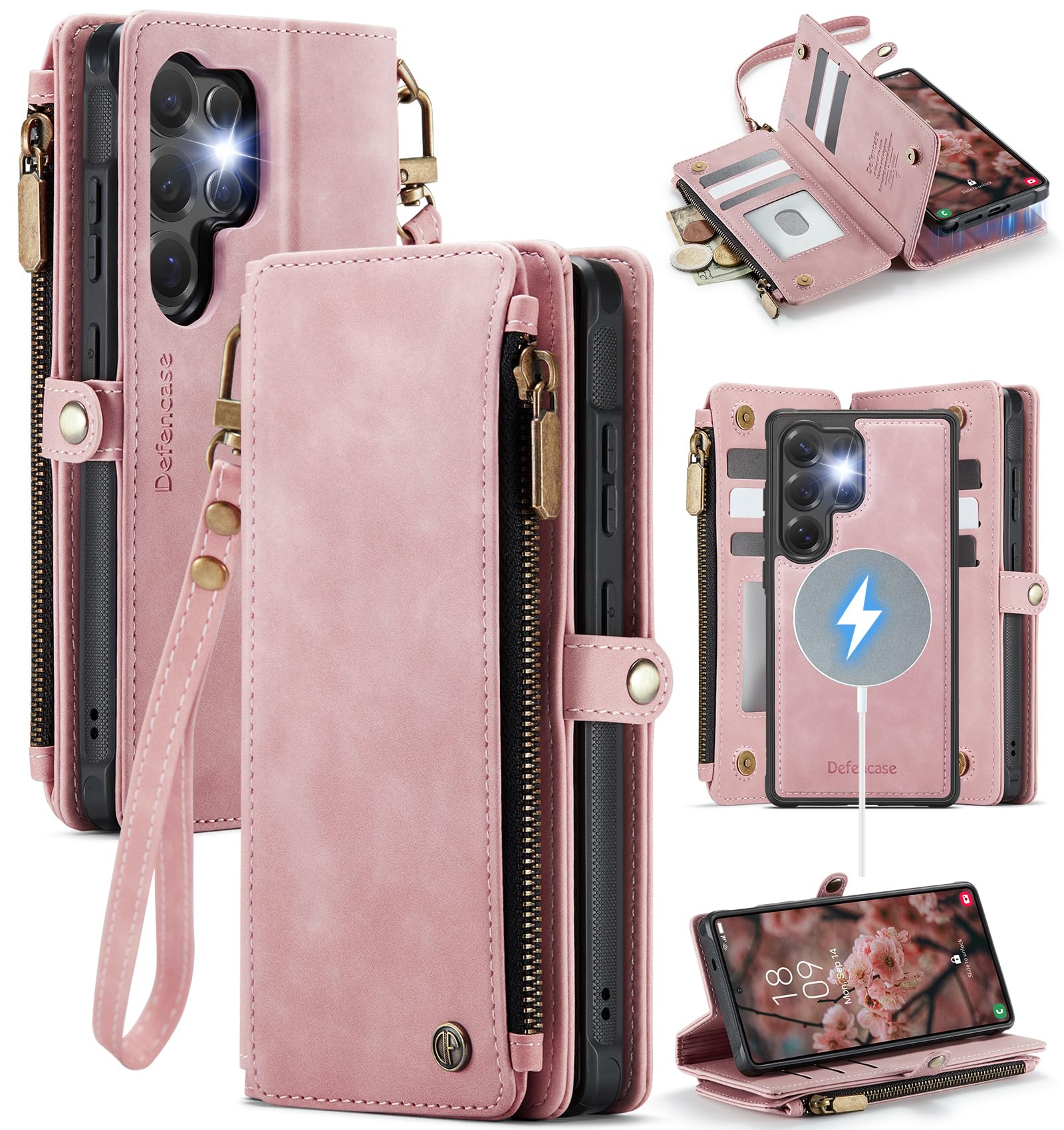 Defencase for Samsung Galaxy S24 Ultra Magnetic Wallet Case Compatible with Magsafe with RFID Blocking Zipper & Card Holder Women, PU Leather Detachable Phone Case for Galaxy S24 Ultra 6.8", Rose Pink