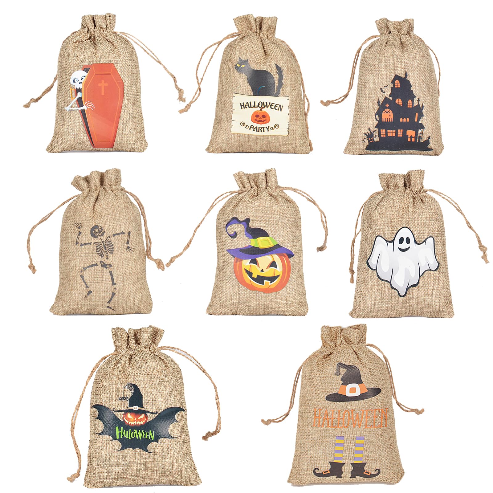 PMELCXD Halloween Burlap gift Bags 8 PCS Halloween pumpkin candy bag gold coin bag gift package drawstring bag suitable for Halloween party gift bag
