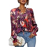 HOTOUCH Womens Long Sleeve Tops Boho Floral Printed Blouses Casual V Neck Pleated Drawstring Peasant Shirts