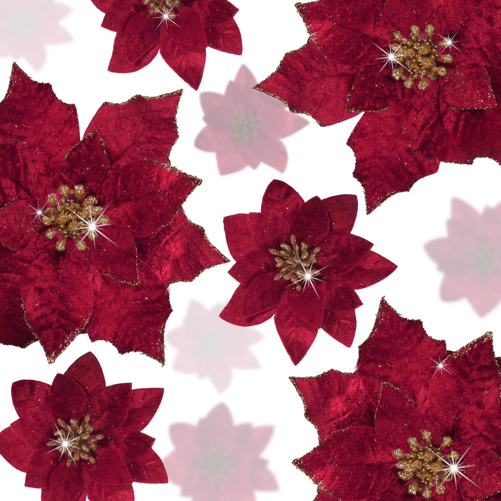 Photo 1 of **SMALLER IN PERSON***Norme 18 Pcs 3 Size Velvet Glitter Christmas Poinsettia Flowers Artificial Poinsettia Flowers with Clips Christmas Tree Ornaments for Xmas Tree Wreath Wedding Holiday Decor(Burgundy)