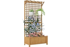 Outsunny Raised Garden Bed, Wood Planter with Trellis for Vine Climbing, Privacy Screen Planter Box to Grow Vegetables, Herbs