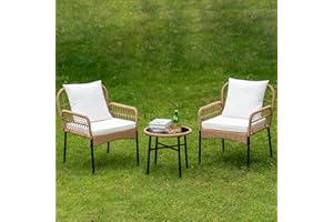 HOMSIDO Beige Wicker Patio Outdoor Wicker Bistro Rattan Chair Conversation Sets Boho Patio Furniture Set 3pcs with White Washion Cushions Glass Coffee Table for Yard Backyard Lawn Porch Poolside Balcony