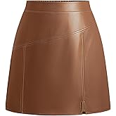 Kate Kasin Women Faux Leather Mini Skirt High Waisted A Line Short Skirt with Slit for Casual Work Club Party Night Out