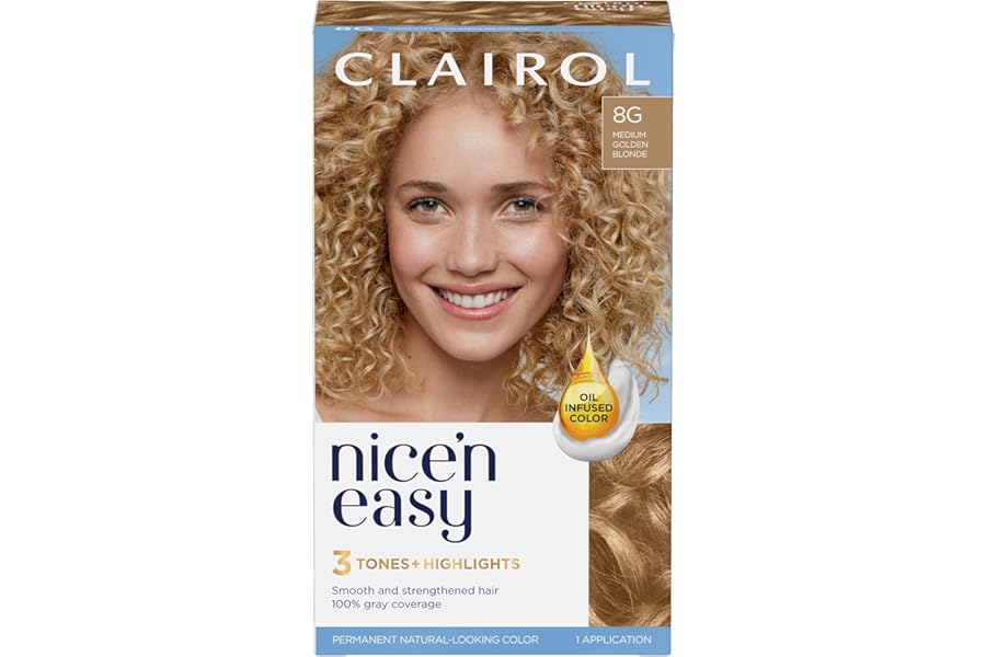 Clairol Nice’n Easy Permanent Hair Dye, 8G Medium Golden Blonde Hair Color, Pack of 1