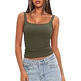Darong Women Double Lined Square Neck Tank Top Basic Cami Shirt Built in Bra 9208 Army Green M
