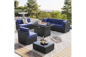 LayinSun 8 Piece Patio Furniture Set with 44" Propane Gas Fire Pit Table, Outdoor Sectional Conversation Set Wicker Rattan Sofa Set with Coffee Table