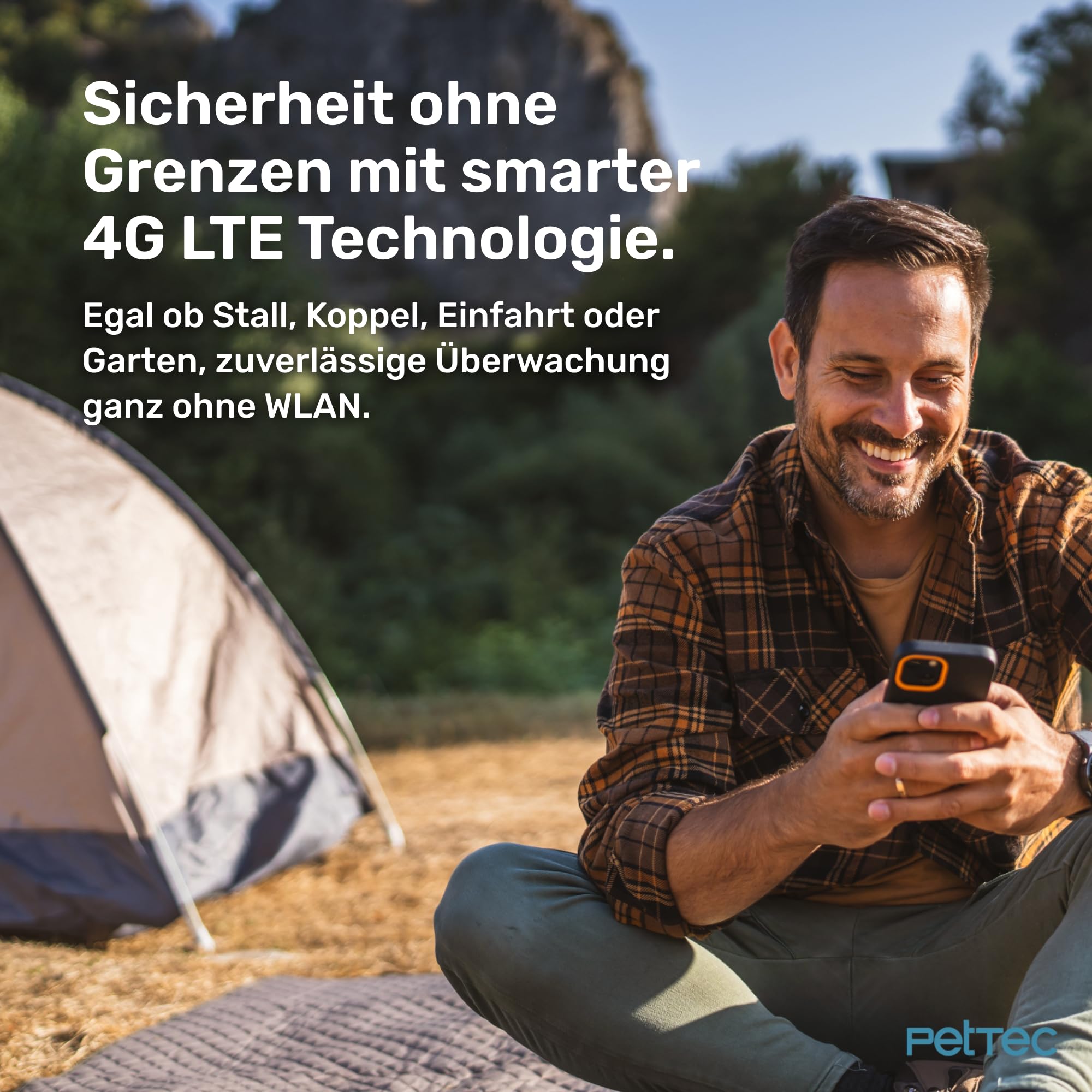 PetTec Cam Free 4G Überwachungskamera [4G/LTE OHNE WLAN] mit Akku & Schwenk Funktion - Outdoorkamera 3MP Ultravision, Bewegungserkennung, 15m Nachtsicht IP65 Flutlicht Sirene, Rückfahrkamera 8