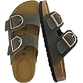 CUSHIONAIRE Legacy Cork Footbed Sandals for Women – Leather Double Strap Slides with Adjustable Buckles + Memory Foam