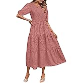 MEROKEETY Women's 2025 Summer Puff Sleeve Smocked Floral Dress Crewneck Lace Flowy Tiered Midi Dresses