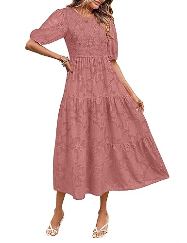MEROKEETY Women's 2025 Summer Cute Bubble Sleeve Shirred Bohemian Dress  Flowy Pleated Midi Long Dresses,Tearose,M in Kenya | Whizz Formal