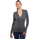 AmélieBoutik Women V Neck Twist Front Cable Knit Long Sleeve Ribbed Sweater