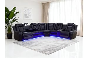 SITYRUBE Power Leather Recliner Sectional Sofa with LED Lights,L Shaped Reclining Sectional Sofa, Modular Leather Couch with Coffee Table/Hidden Storage for Living Room(Black,6 Seater)
