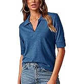 Minclouse Women's Elbow Sleeve Collared Tee Casual Relaxed Fit Tops V Neck Summer Blouse