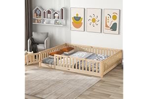 Dolonm Queen Size Montessori Bed, Toddler Floor Bed for Kids, Floor Platform Bed with Fence Guardrails and Door, Montessori Floor Bed Frame, Wooden Floor Bed Toddler, Natural