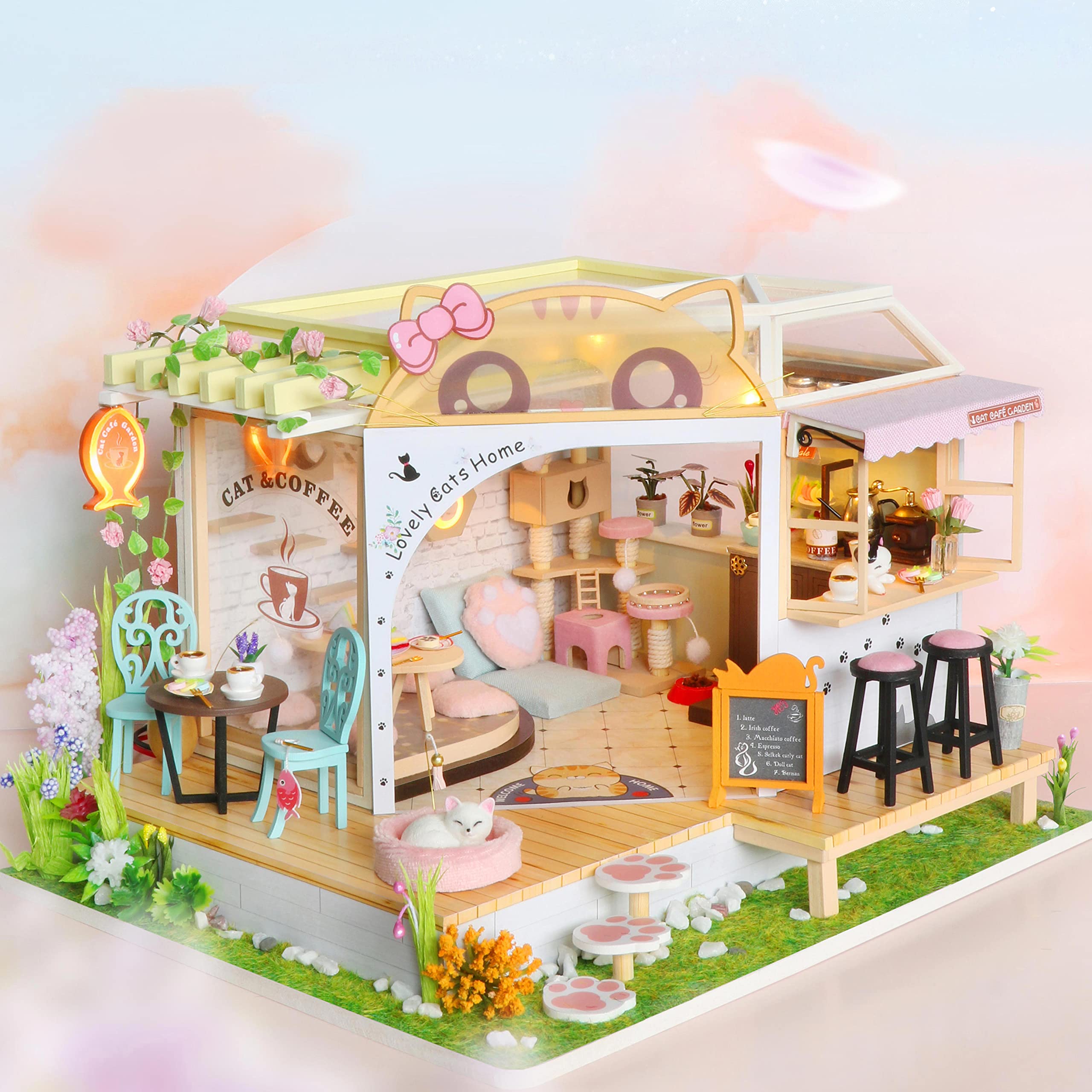 GuDoQi DIY Miniature Dollhouse Kit, Tiny House kit with Music, Miniature House Kit 1:24 Scale, Great Handmade Crafts Gift for Mother's Day Birthday Christmas Day,Lovely Cats' Coffee Shop