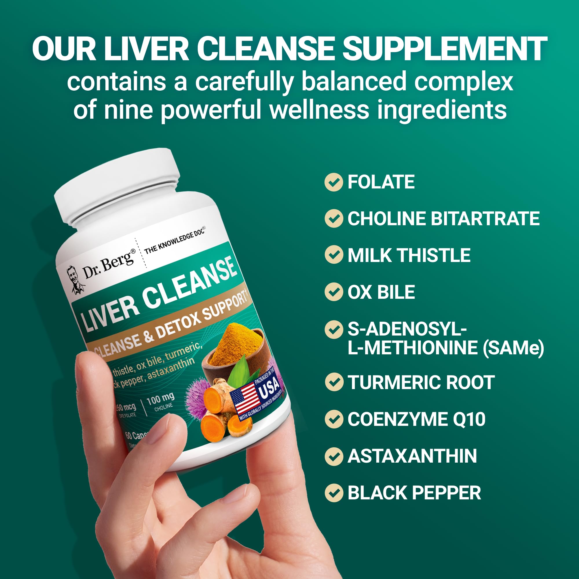 Dr. Berg Liver Cleanse Detox Capsules w/Unique Blend of Milk Thistle, Ox Bile & Folate - Liver Supplement Includes Turmeric, Black Pepper & Choline - 60 Capsules