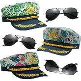 nigsouy 3 Pack Captain Hat with Sunglasses, Adjustable Floral Sailor Hat for Yacht Party, Halloween, Nautical Theme Costume