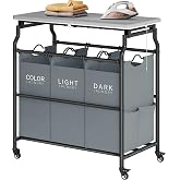 Hoctieon 3 Section Laundry Sorter with Ironing Board, Laundry Hamper, Gray | Lockable Wheels, Laundry Basket Organizer, Heavy Duty Clothes Separator, Removable Bags, Laundry Cart for Bedroom, Bathroom