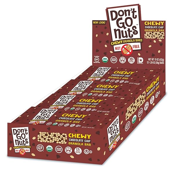 DON’T GO NUTS NUT-FREE ORGANIC CHEWY GRANOLA BARS, CHOCOLATE CHIP, 12 COUNT, NON GMO, GLUTEN FREE